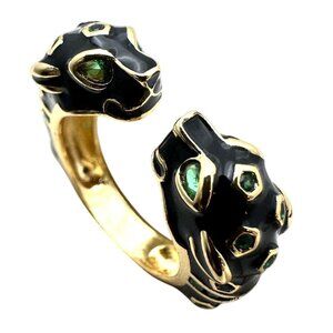 Cheetah Panther Ring Black Enamel Green Rhinestone Gold Plated Adjustable Size